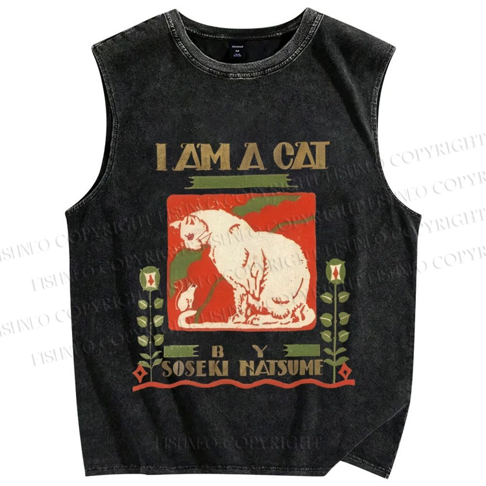 Unisex I Am A Cat Printed Washed Tank Top