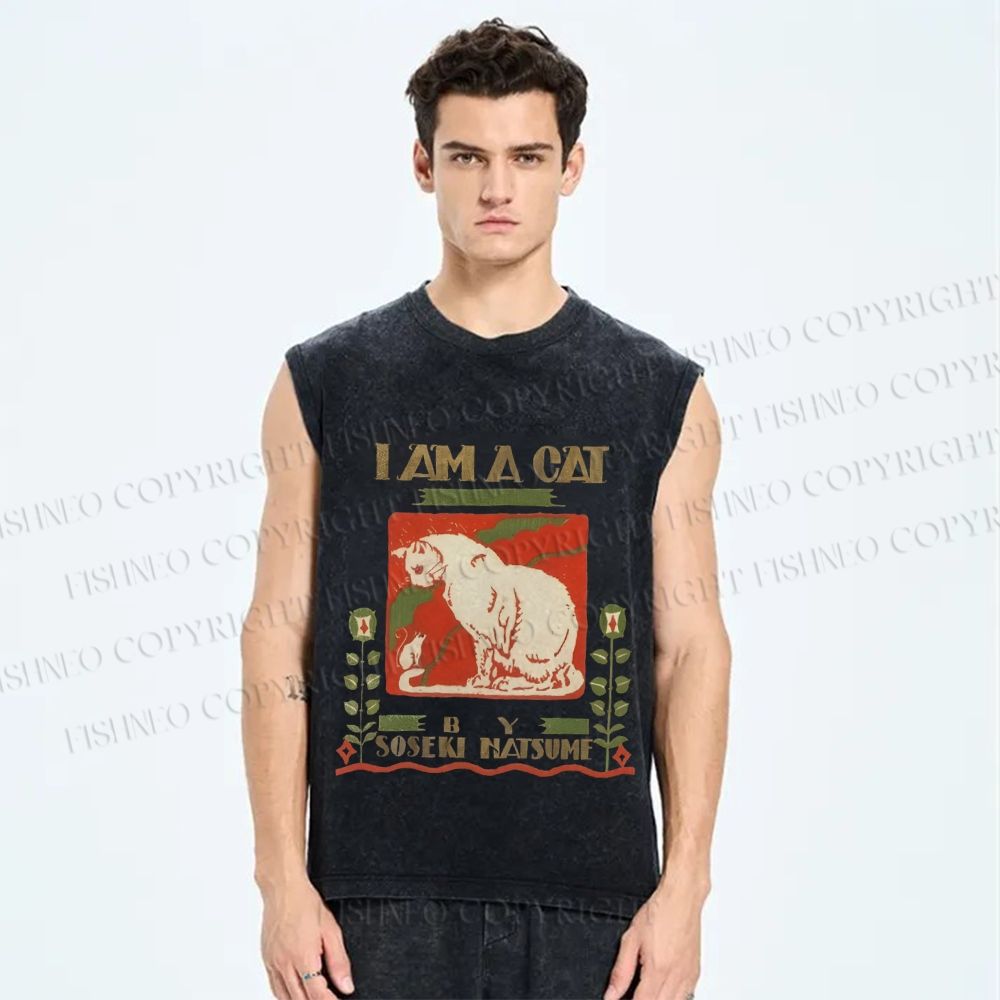 Unisex I Am A Cat Printed Washed Tank Top