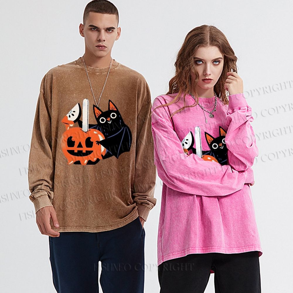 Unisex Casual Washed Halloween Bat Cat Printed Long Sleeve T-shirt