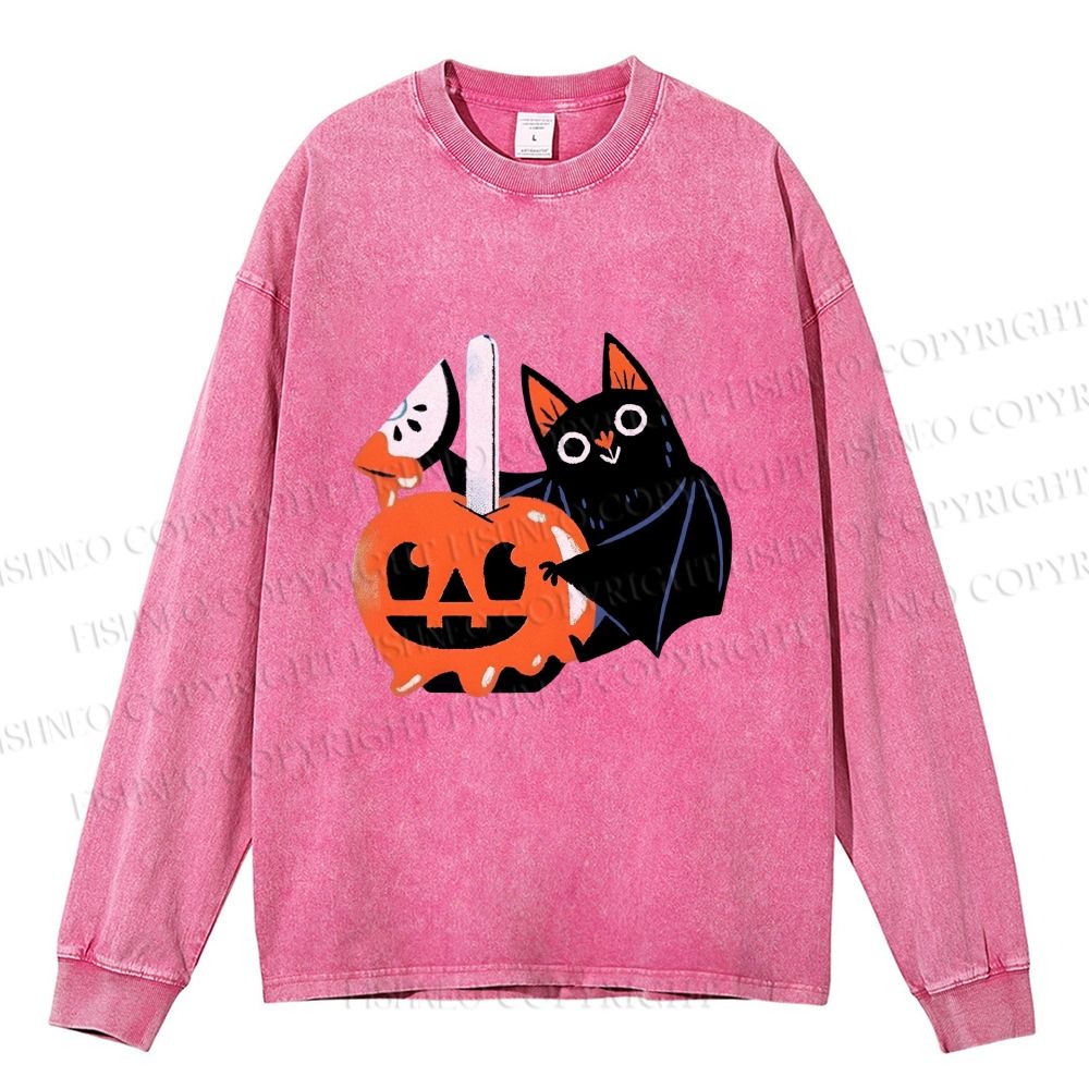 Unisex Casual Washed Halloween Bat Cat Printed Long Sleeve T-shirt
