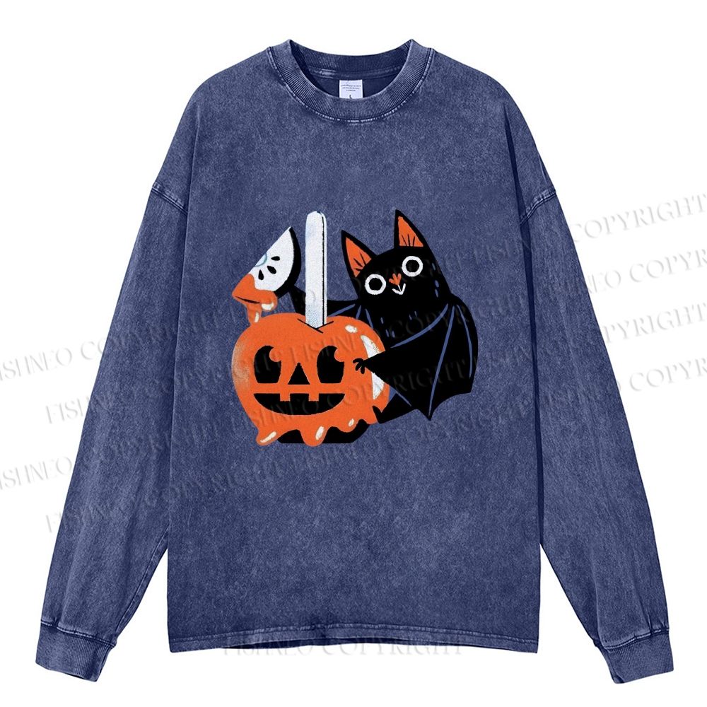 Unisex Casual Washed Halloween Bat Cat Printed Long Sleeve T-shirt