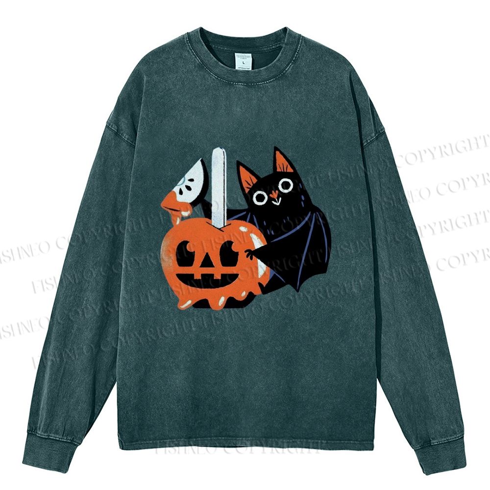 Unisex Casual Washed Halloween Bat Cat Printed Long Sleeve T-shirt