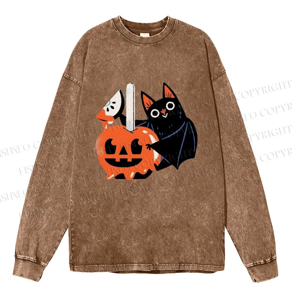 Unisex Casual Washed Halloween Bat Cat Printed Long Sleeve T-shirt