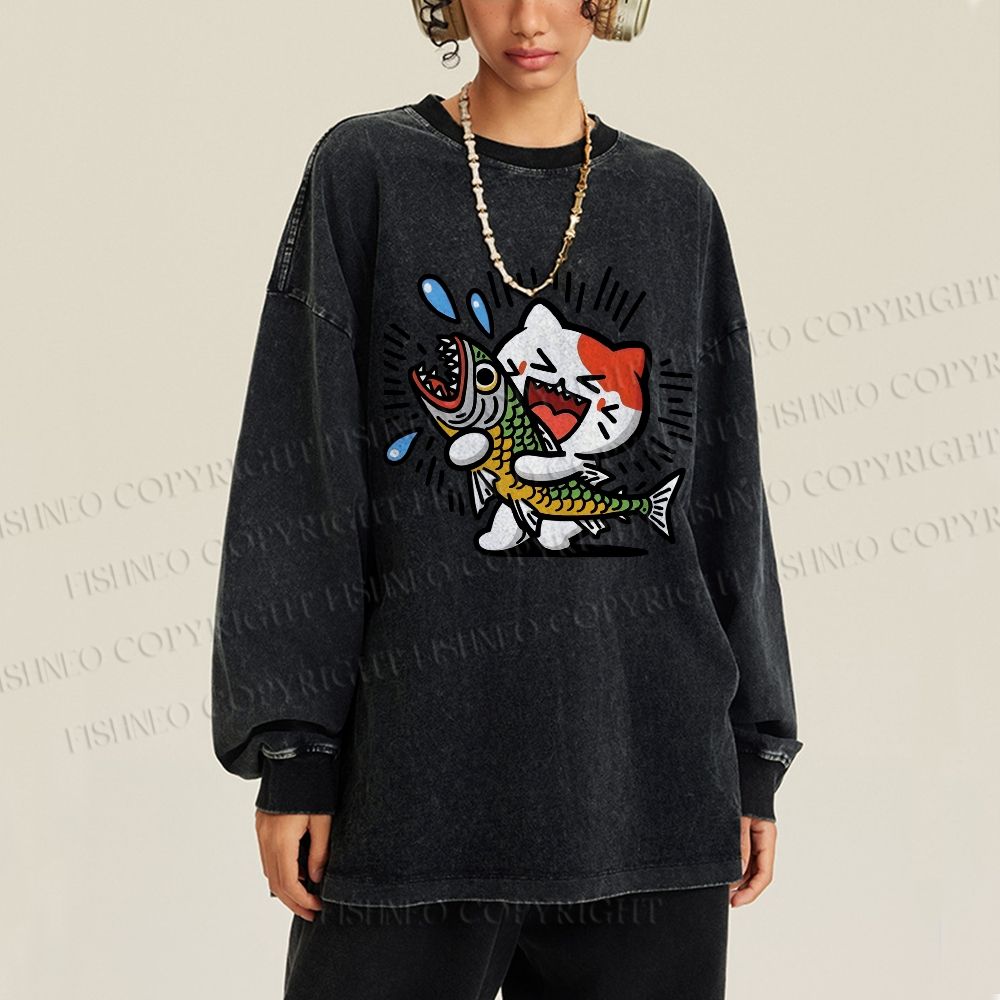 Unisex Casual Washed Funny Cat With Big Fish Printed Long Sleeve T-shirt