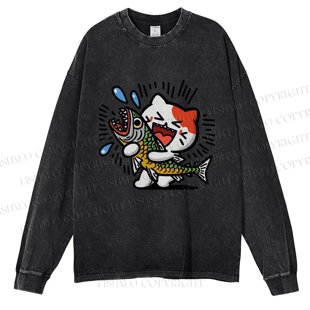 Unisex Casual Washed Funny Cat With Big Fish Printed Long Sleeve T-shirt