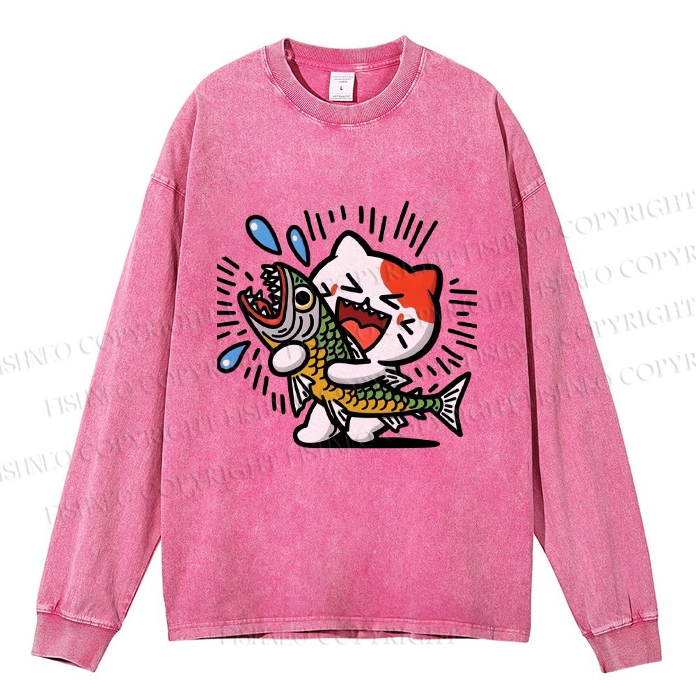 Unisex Casual Washed Funny Cat With Big Fish Printed Long Sleeve T-shirt