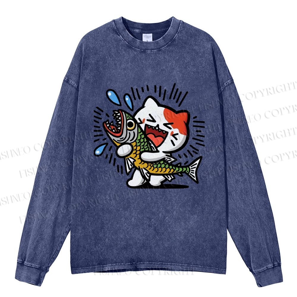 Unisex Casual Washed Funny Cat With Big Fish Printed Long Sleeve T-shirt