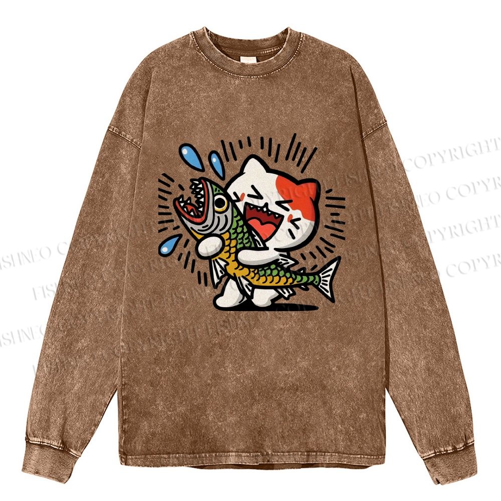 Unisex Casual Washed Funny Cat With Big Fish Printed Long Sleeve T-shirt
