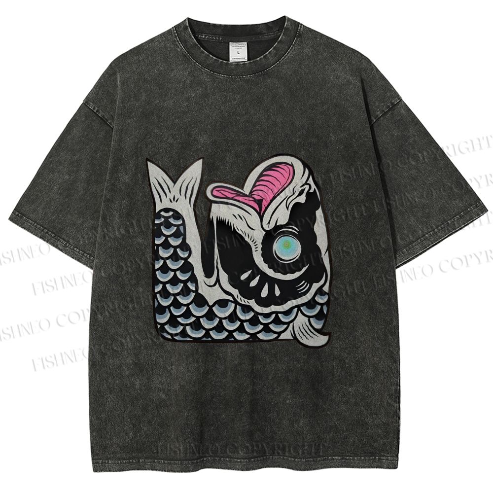 Unisex Vintage Japanese Koi Fish Printed Washed Tee