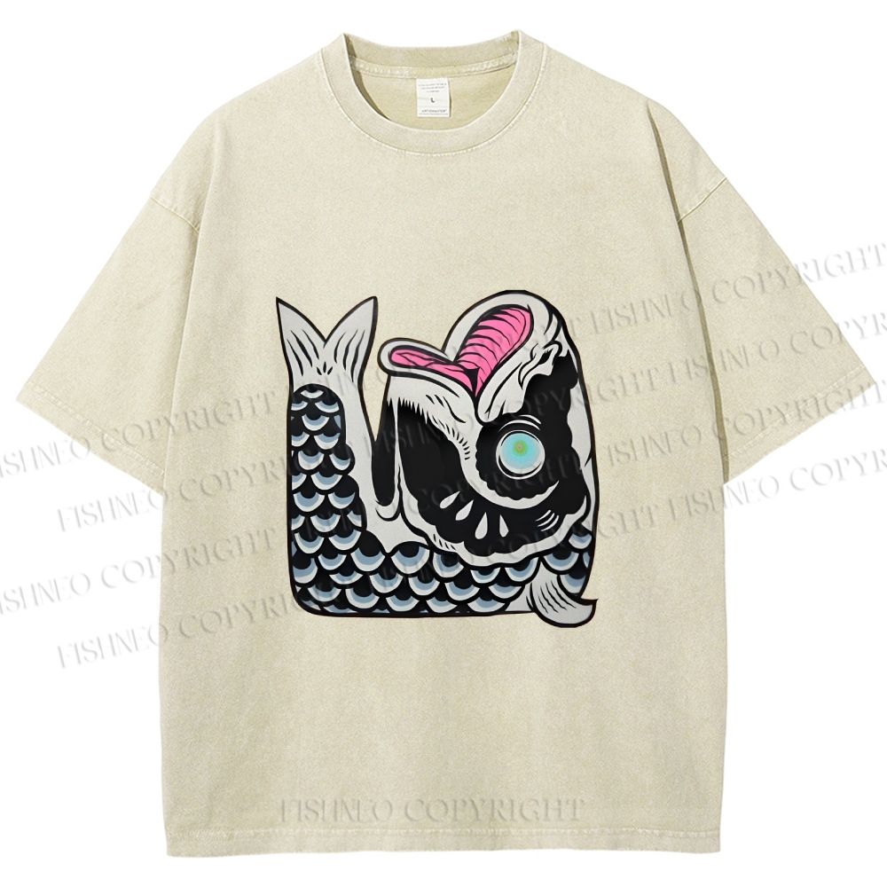 Unisex Vintage Japanese Koi Fish Printed Washed Tee