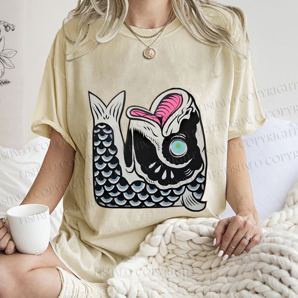 Unisex Vintage Japanese Koi Fish Printed Washed Tee