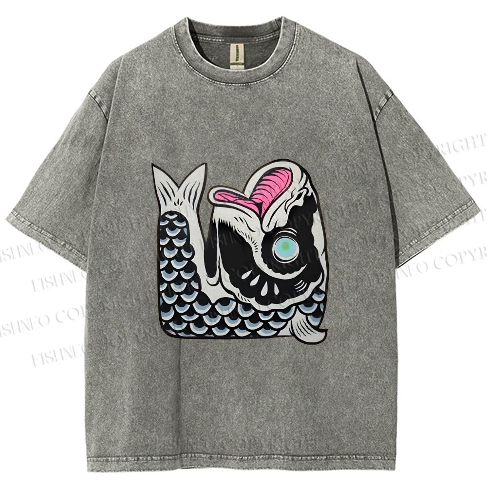 Unisex Vintage Japanese Koi Fish Printed Washed Tee