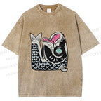 Unisex Vintage Japanese Koi Fish Printed Washed Tee