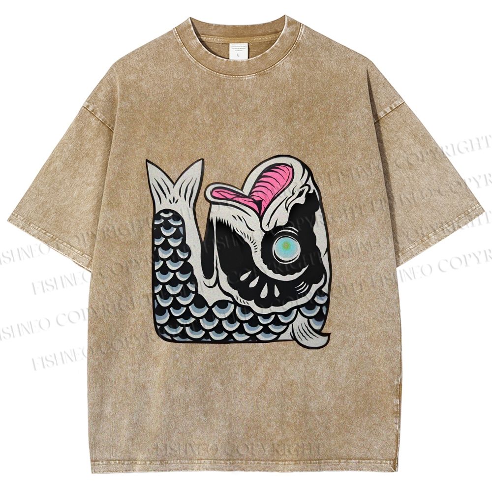 Unisex Vintage Japanese Koi Fish Printed Washed Tee