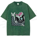 Unisex Vintage Japanese Koi Fish Printed Washed Tee