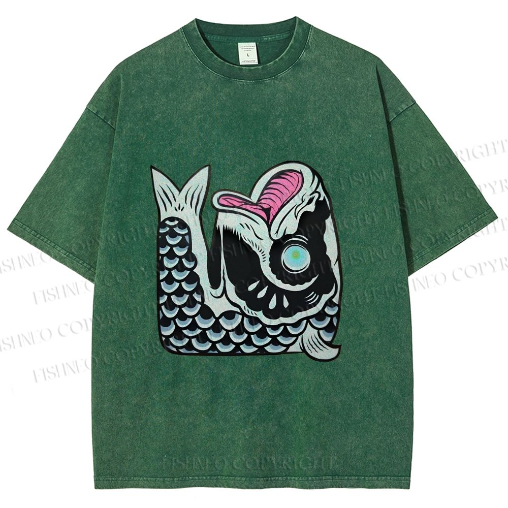 Unisex Vintage Japanese Koi Fish Printed Washed Tee