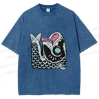 Unisex Vintage Japanese Koi Fish Printed Washed Tee