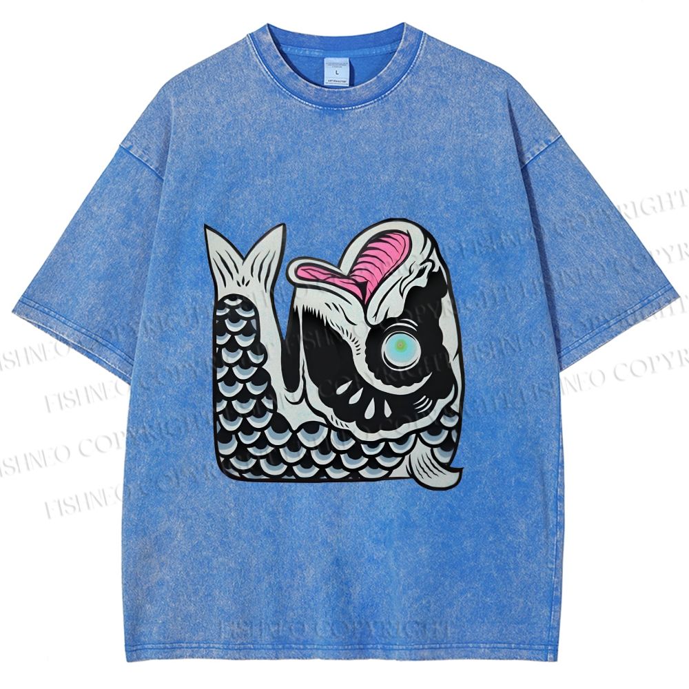 Unisex Vintage Japanese Koi Fish Printed Washed Tee