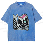 Unisex Vintage Japanese Koi Fish Printed Washed Tee
