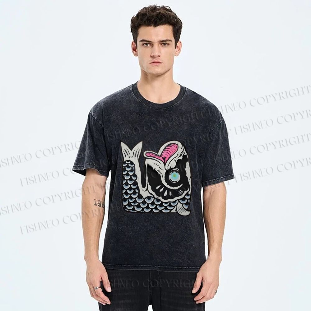 Unisex Vintage Japanese Koi Fish Printed Washed Tee