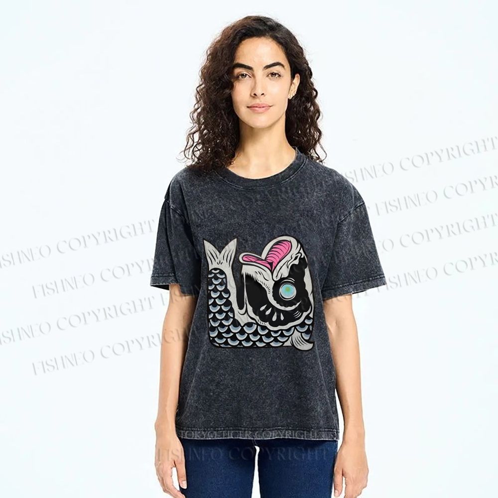 Unisex Vintage Japanese Koi Fish Printed Washed Tee