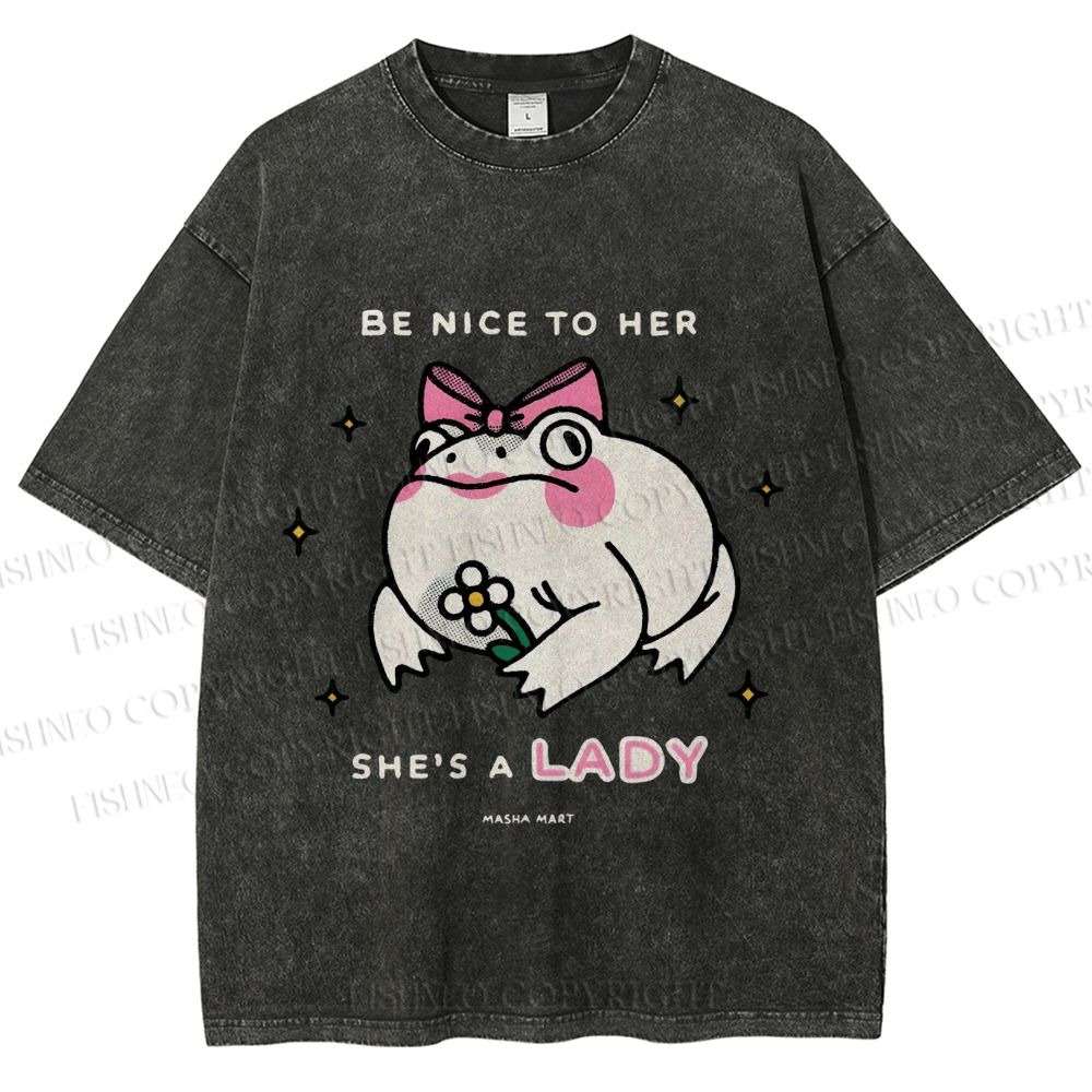 Unisex She Is A Lady Funny Frog Printed Washed Tee