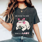 Unisex She Is A Lady Funny Frog Printed Washed Tee