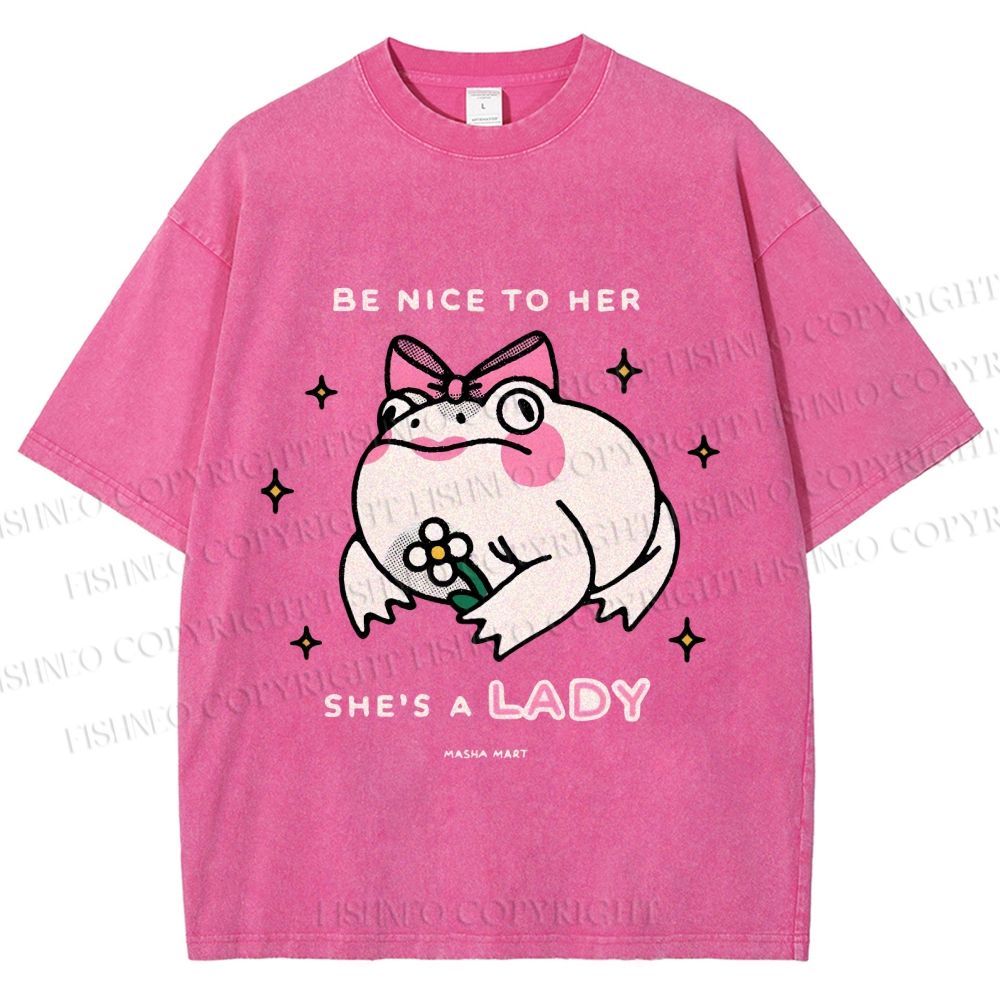 Unisex She Is A Lady Funny Frog Printed Washed Tee