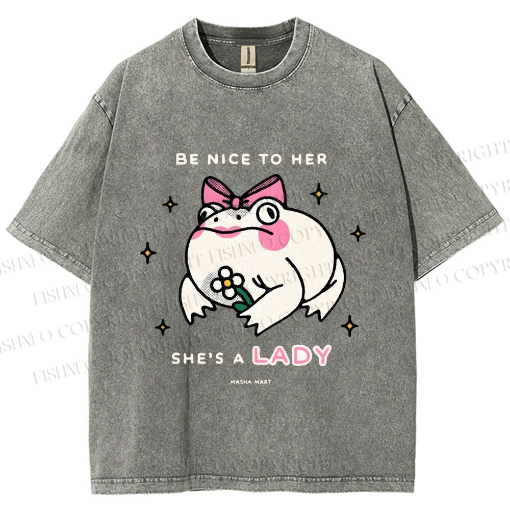 Unisex She Is A Lady Funny Frog Printed Washed Tee