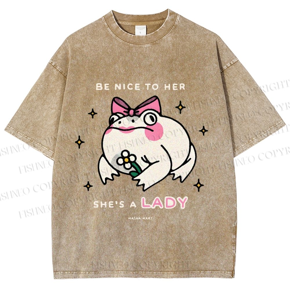 Unisex She Is A Lady Funny Frog Printed Washed Tee