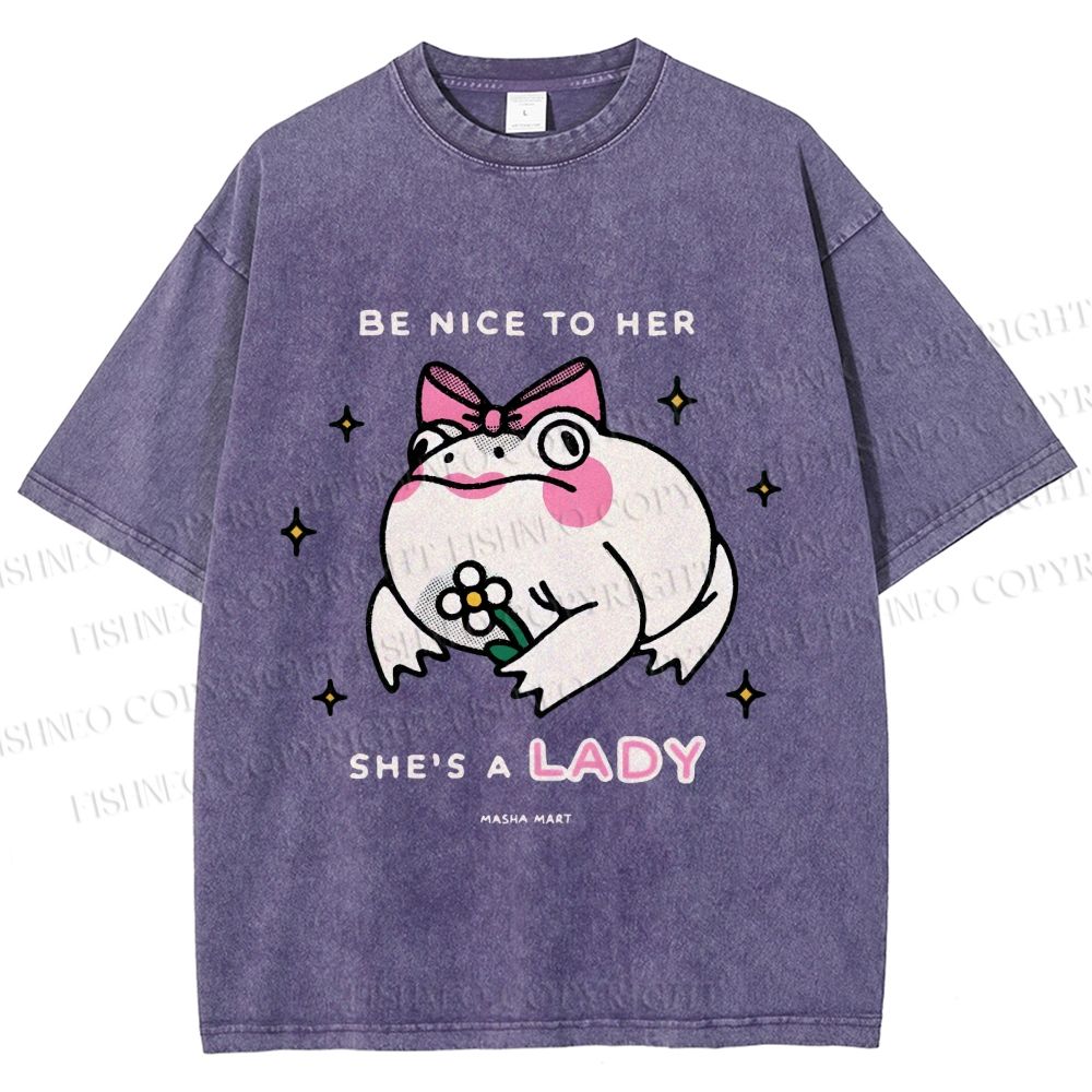 Unisex She Is A Lady Funny Frog Printed Washed Tee