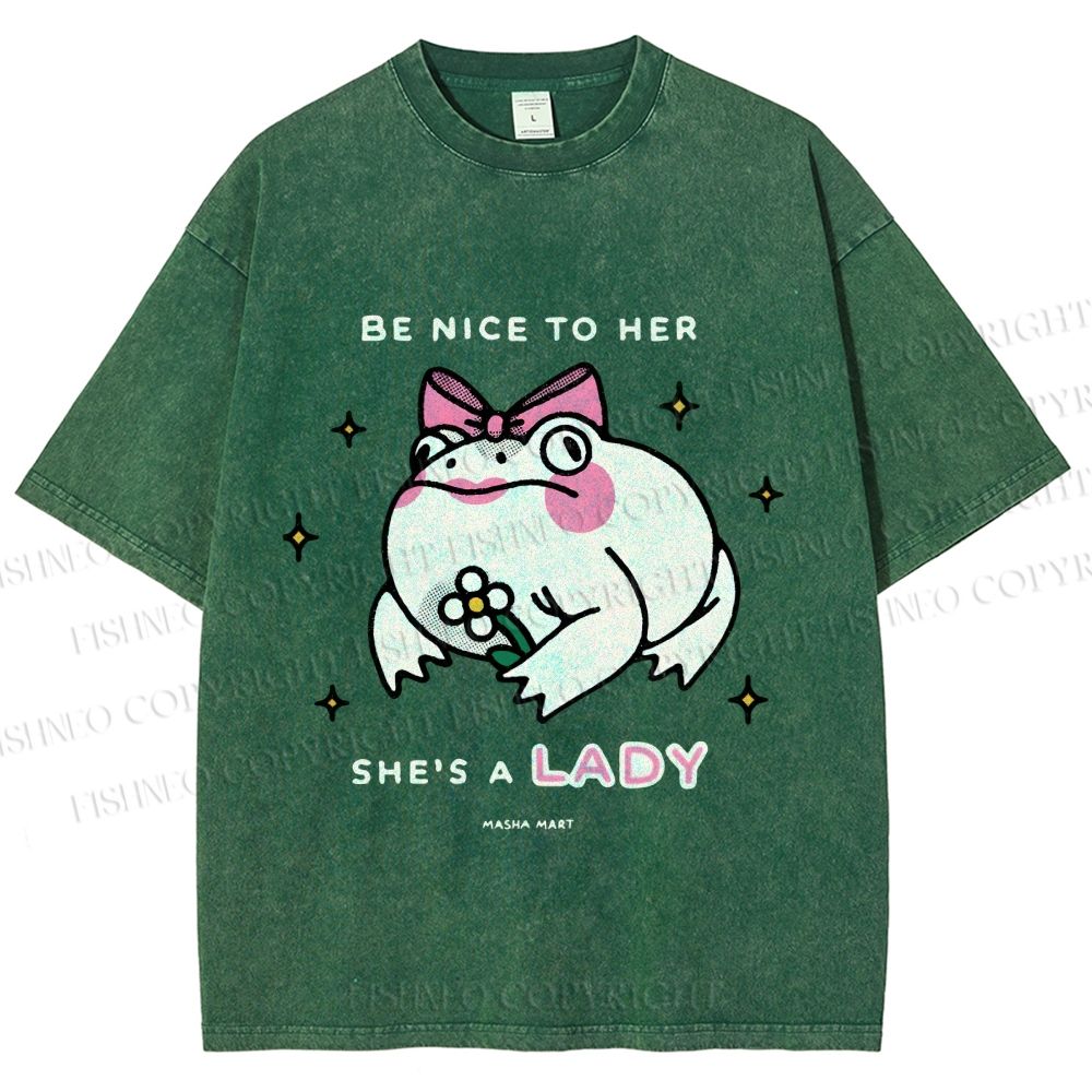 Unisex She Is A Lady Funny Frog Printed Washed Tee