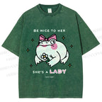 Unisex She Is A Lady Funny Frog Printed Washed Tee