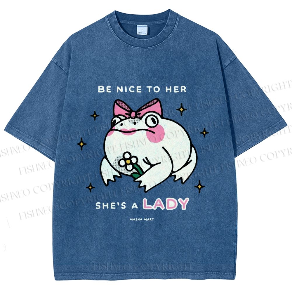 Unisex She Is A Lady Funny Frog Printed Washed Tee