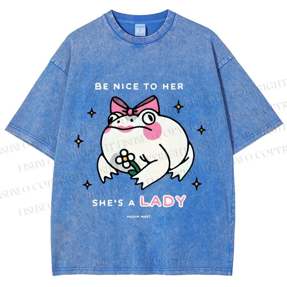 Unisex She Is A Lady Funny Frog Printed Washed Tee
