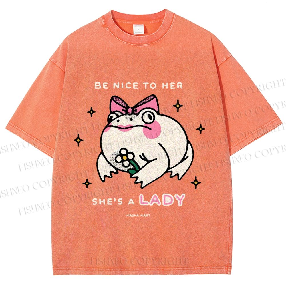 Unisex She Is A Lady Funny Frog Printed Washed Tee