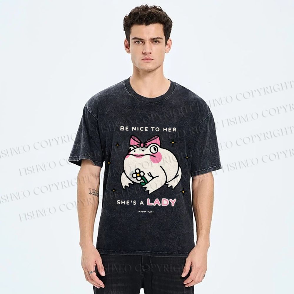 Unisex She Is A Lady Funny Frog Printed Washed Tee