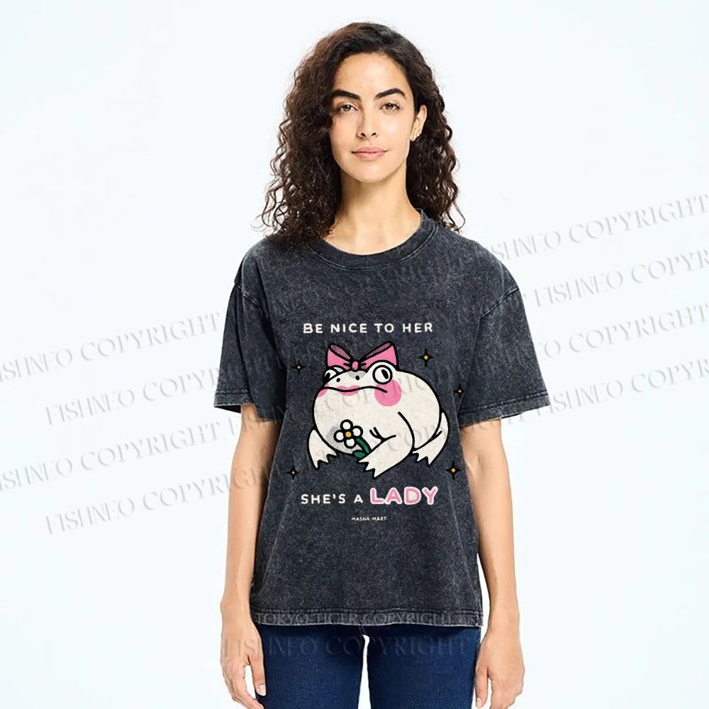 Unisex She Is A Lady Funny Frog Printed Washed Tee