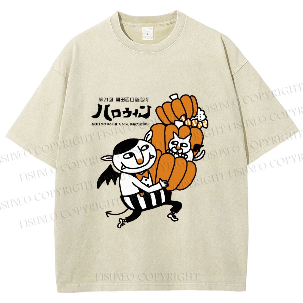 Unisex Japanese Weird Cat Pumpkin Halloween Printed Washed Tee
