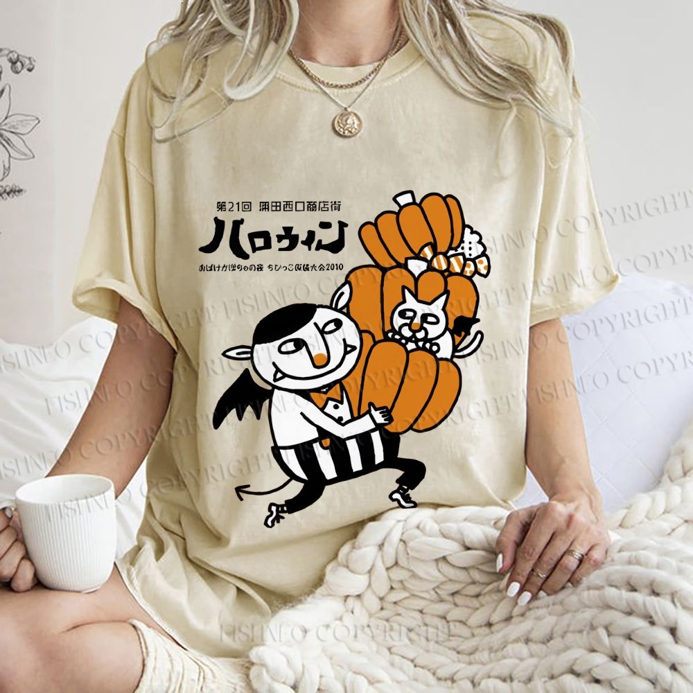 Unisex Japanese Weird Cat Pumpkin Halloween Printed Washed Tee