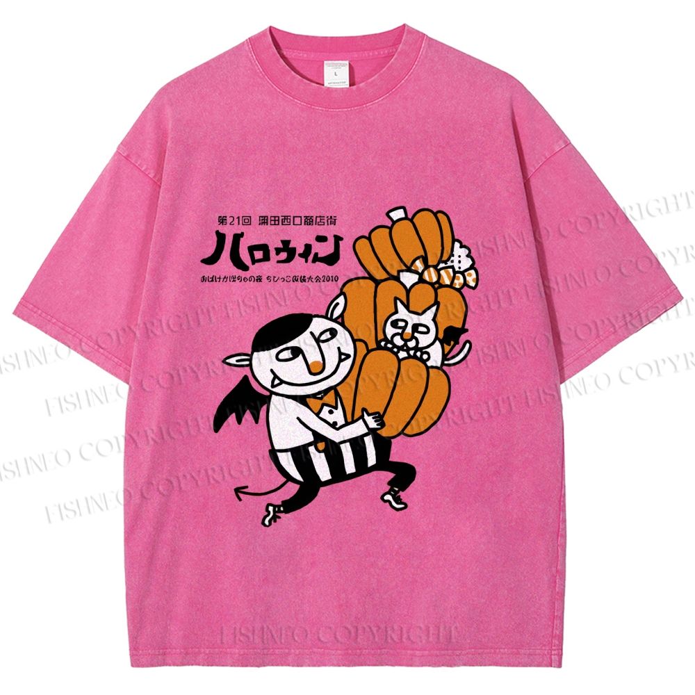 Unisex Japanese Weird Cat Pumpkin Halloween Printed Washed Tee