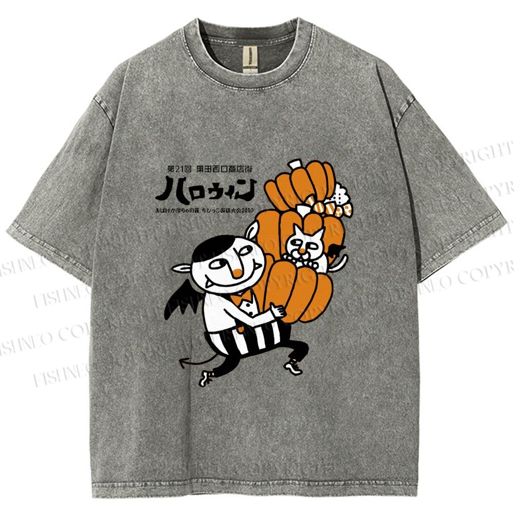 Unisex Japanese Weird Cat Pumpkin Halloween Printed Washed Tee