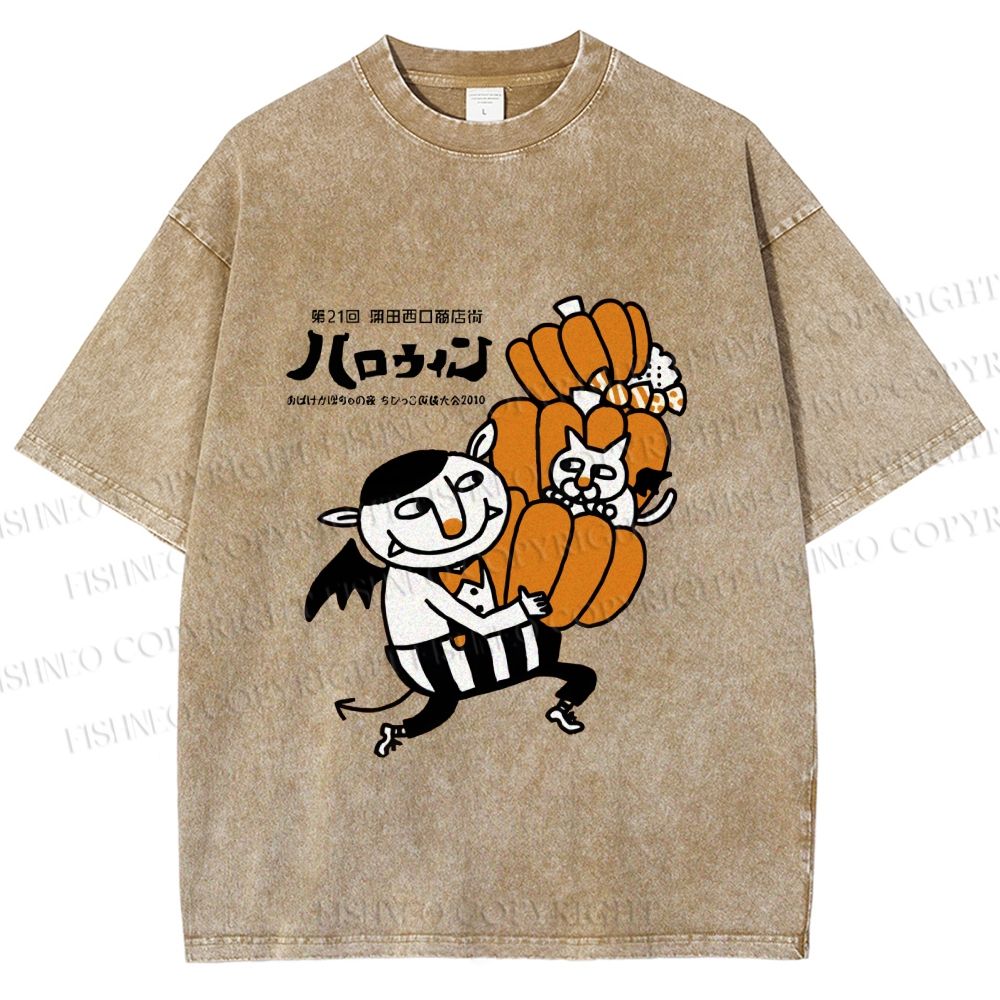 Unisex Japanese Weird Cat Pumpkin Halloween Printed Washed Tee