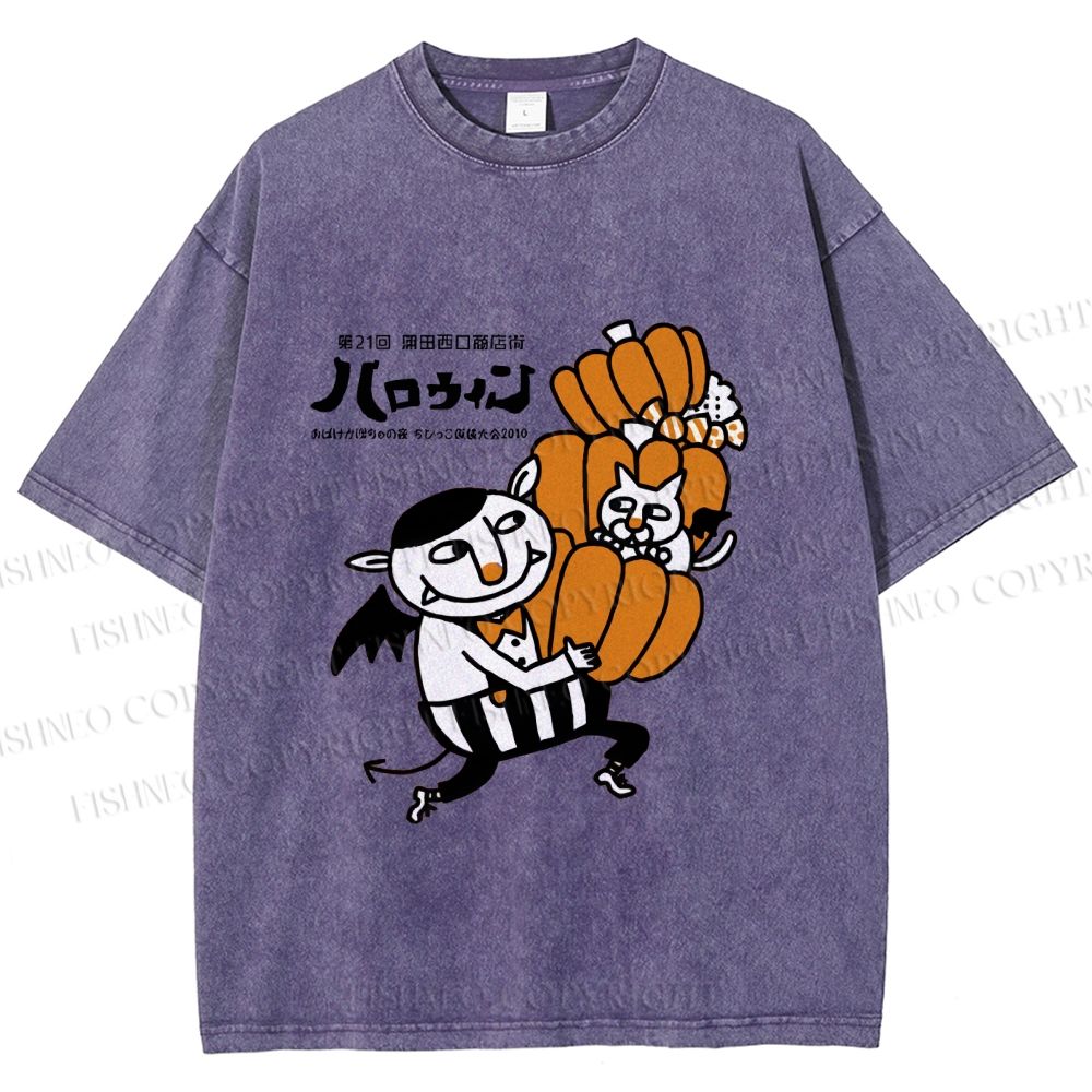 Unisex Japanese Weird Cat Pumpkin Halloween Printed Washed Tee