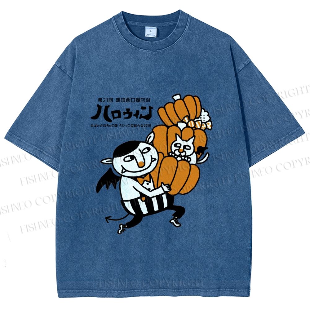 Unisex Japanese Weird Cat Pumpkin Halloween Printed Washed Tee