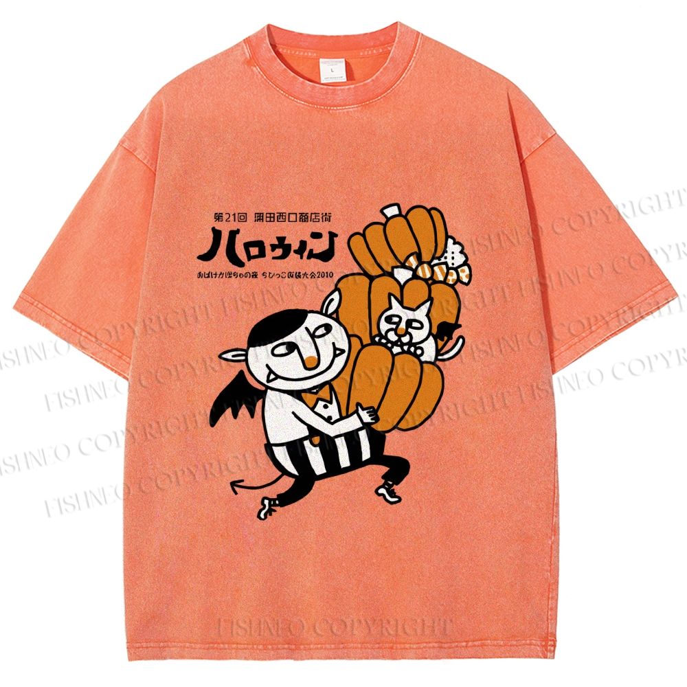 Unisex Japanese Weird Cat Pumpkin Halloween Printed Washed Tee