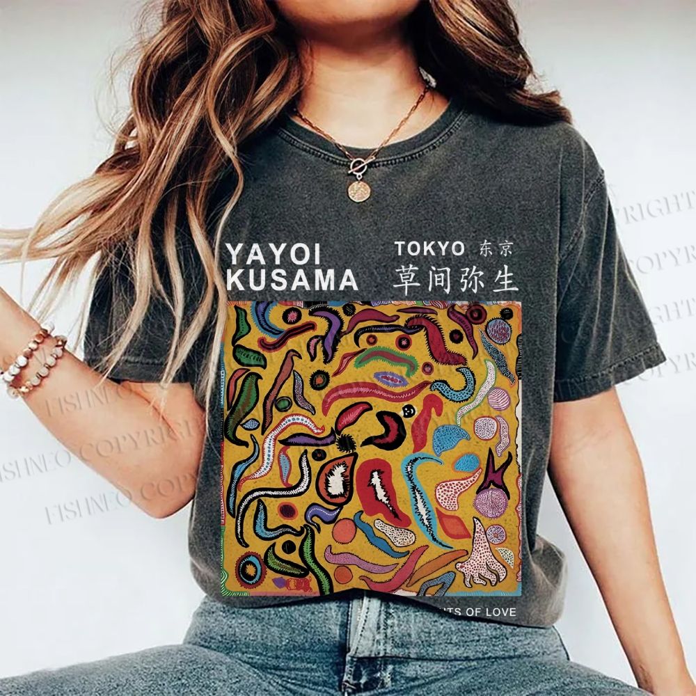 Unisex Japanese Yayoi Kusama Graffiti Printed Washed Tee