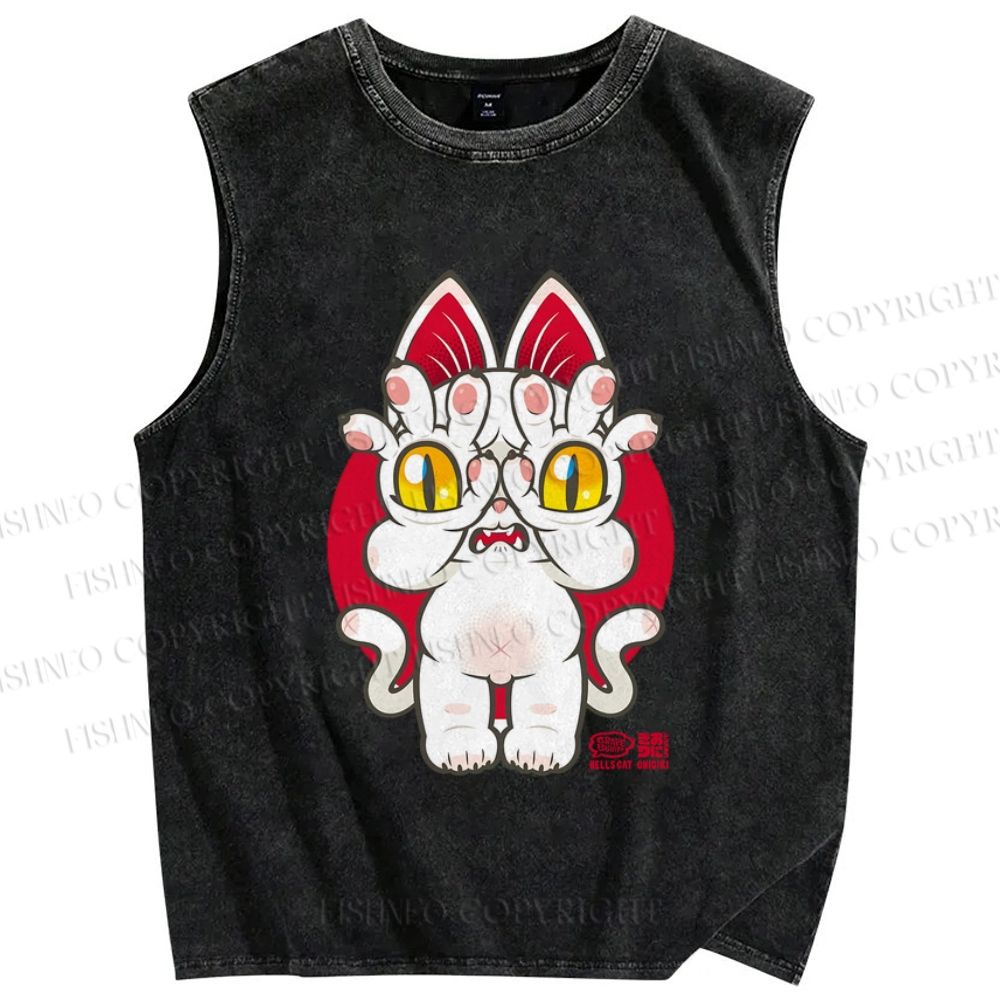 Unisex Japanese Style Monster Cat Printed Washed Tank Top