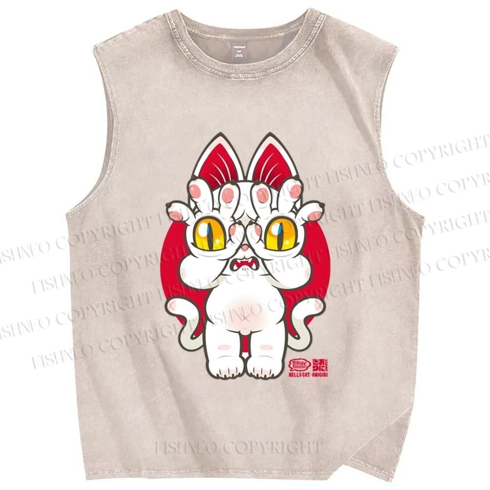 Unisex Japanese Style Monster Cat Printed Washed Tank Top