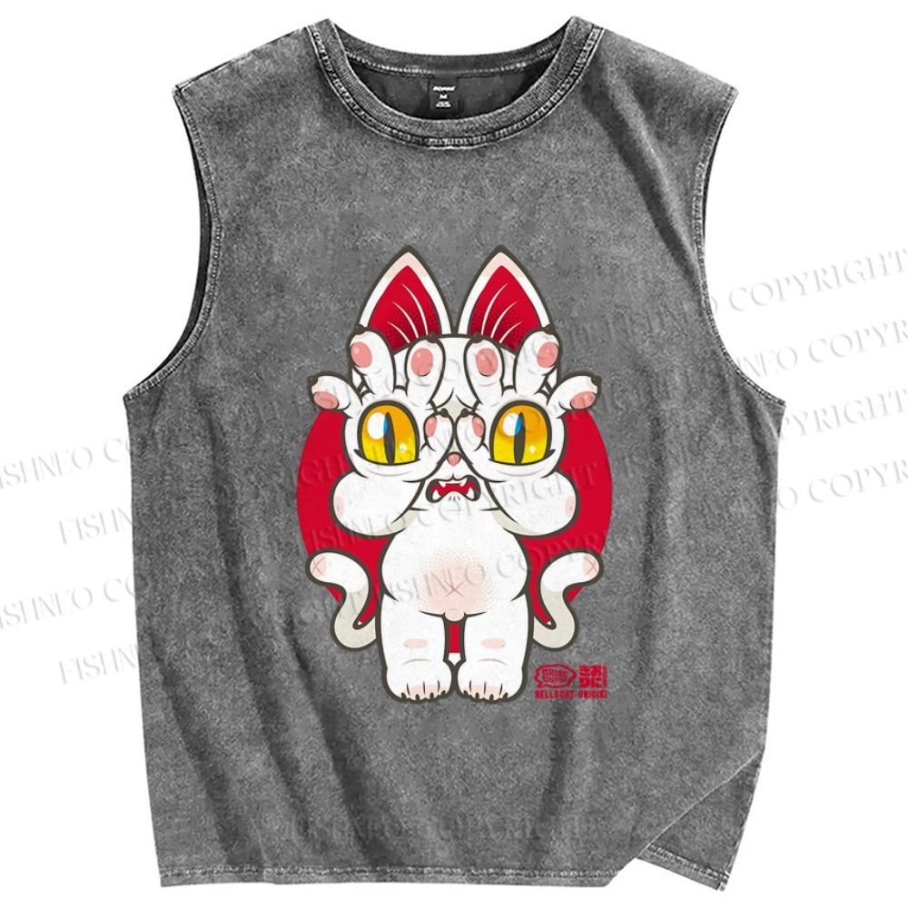 Unisex Japanese Style Monster Cat Printed Washed Tank Top